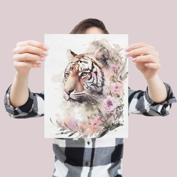 Floral Tiger Watercolor Wall Art Illustration Print Poster Card Unframed - Picture 4 of 6
